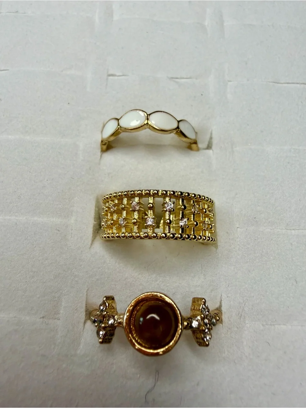 Gold-Tone White Enamel and Crystal Accent Ring Set - Women Jewelry
